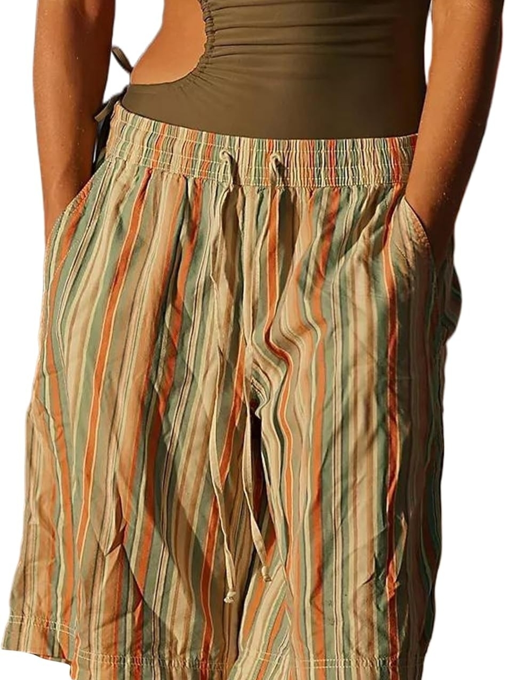 NWT Striped Elastic-Waist 100% Cotton Bermuda Shorts in Olive & Orange  (0084)